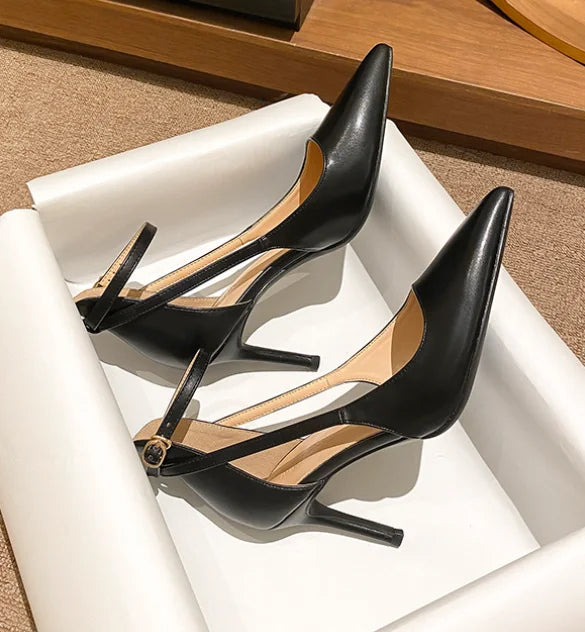 Ankle Strap Pointed Toe Women Slingback Pumps Black Matte Leather Hollow Stiletto High Heels Sandals 6CM and 8CM heels_stiletto
