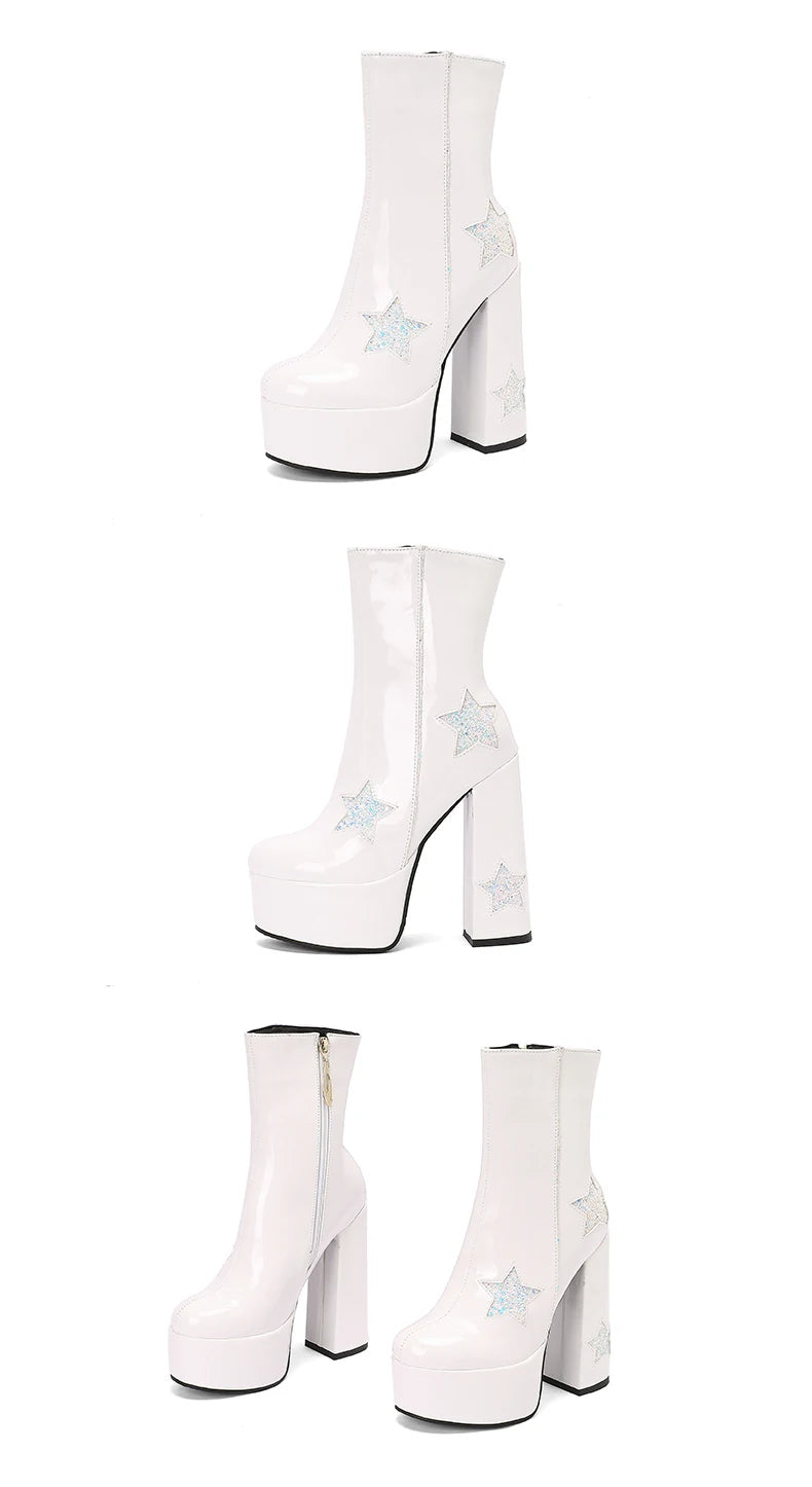 Plus Size Shiny Patent Leather Inlaid With Five-Star Sequin Cloth Super High Platform Women's Short Boots Side Zipper Sweet Boot boots_platform