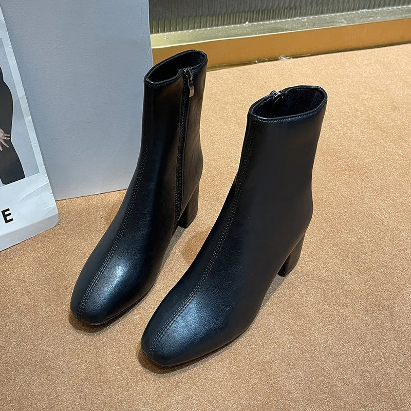 Leather Medium Heeled Short Boots for Women PU Soft Ankle Boots Side Zipper Comfortable Office Women Shoes Square Ladies Boats boots_highheel