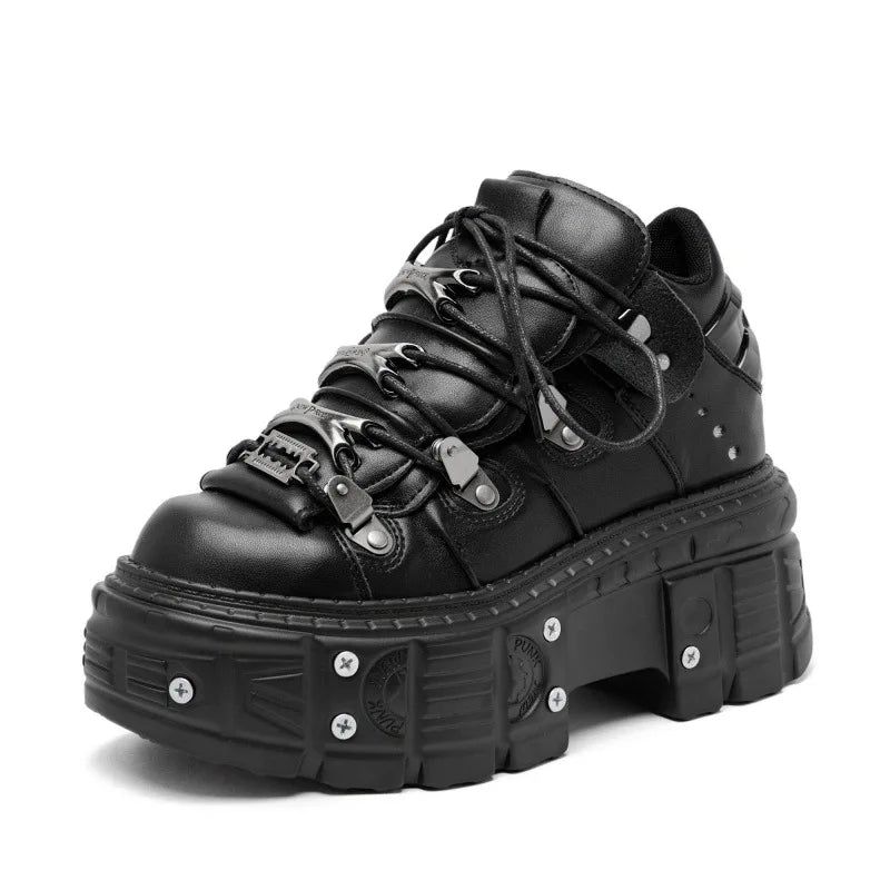 Punk Style Women Black Shoes Rock Metal Decor Lace-up Heel Height Platform Shoes Gothic Man Sneakers Women Ankle Boots 2026 sneakers_platform
