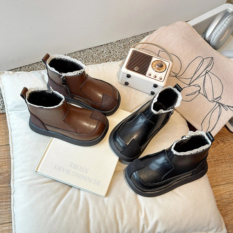 Lolita Style Baby Girls Short Boots Patch Patent Leather Girls Wedge Shoes Lace Flower Bordered Winter School Shoes Child H09241 kids_shoes