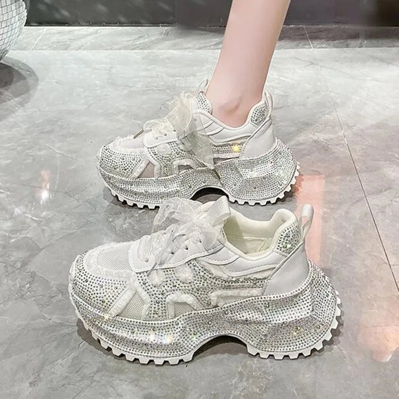 Designer Womens Rhinestone Mesh Shoes Autumn Fashionable Versatile Inner Height Increasing Women Thick-soled Casual Sports Shoes sneakers_platform