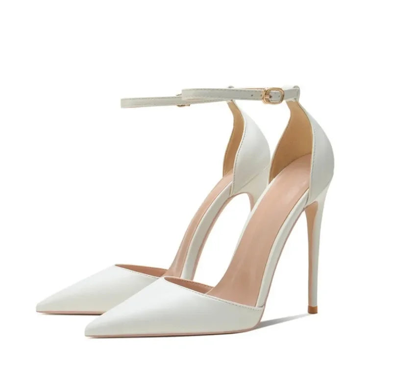 Ankle Strap Women D'Orsay Pointed Toe Stiletto Pumps Ladies Solid Dress High Heel Shoes 12cm 10cm 8cm Black White heels_stiletto