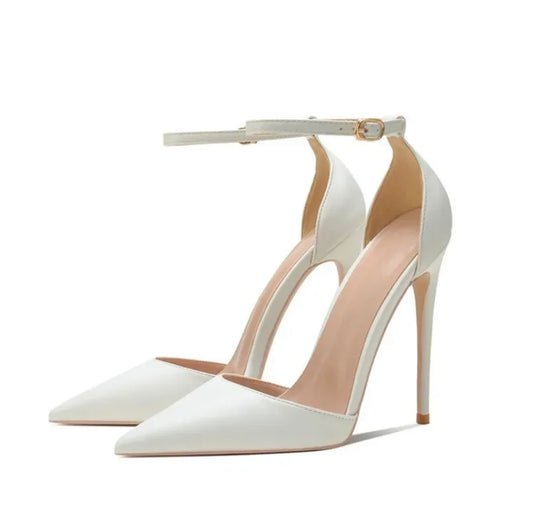 Ankle Strap Women D'Orsay Pointed Toe Stiletto Pumps Ladies Solid Dress High Heel Shoes 12cm 10cm 8cm Black White heels_stiletto