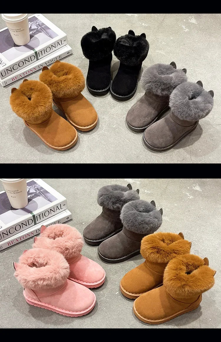 Kids Genuine Cowhide Snow Boots Winter Baby Soft Warm Cotton Shoes with Plush Boys Girls One Fur Suede Boots Princess Retro Boot kids_shoes