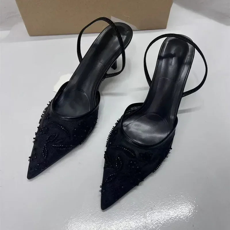 Woman Designer Mesh Open Heel Sandals Shoes Fashion Print Pointed End Women High-heel Pumps Sexy Stiletto Lady Mules heels_stiletto