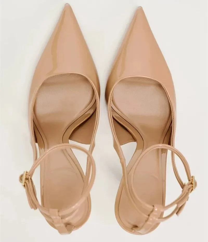 Nude Patent Leather Ankle Strap Buckle Women Pumps Sexy Pointed Toe Stiletto Heels Summer Stiletto Heels Party Shoes Sandalias heels_stiletto