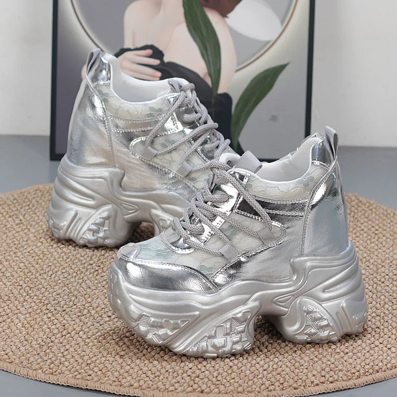 14CM Air Mesh Synthetic Genuine Leather Platform Wedge Flats Women Vulcanize Hollow Summer Chunky Sneakers Shoes  sneakers_platform