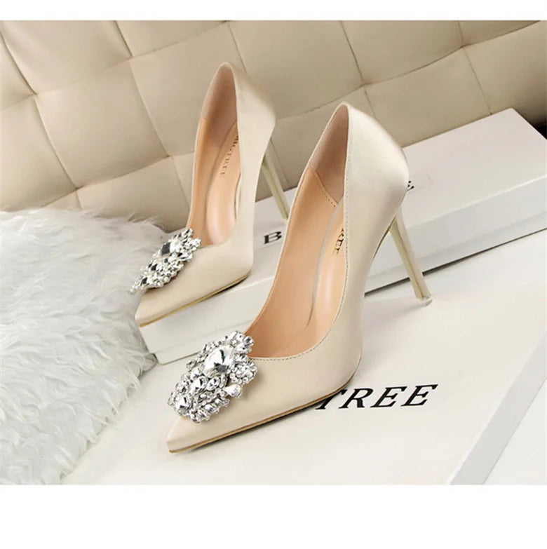 CINESSD Silver Gray Black Women Bridal Wedding Shoes Faux Silk Satin Rhinestone Crystal Shallow Woman Pumps Stiletto High Heel heels_stiletto