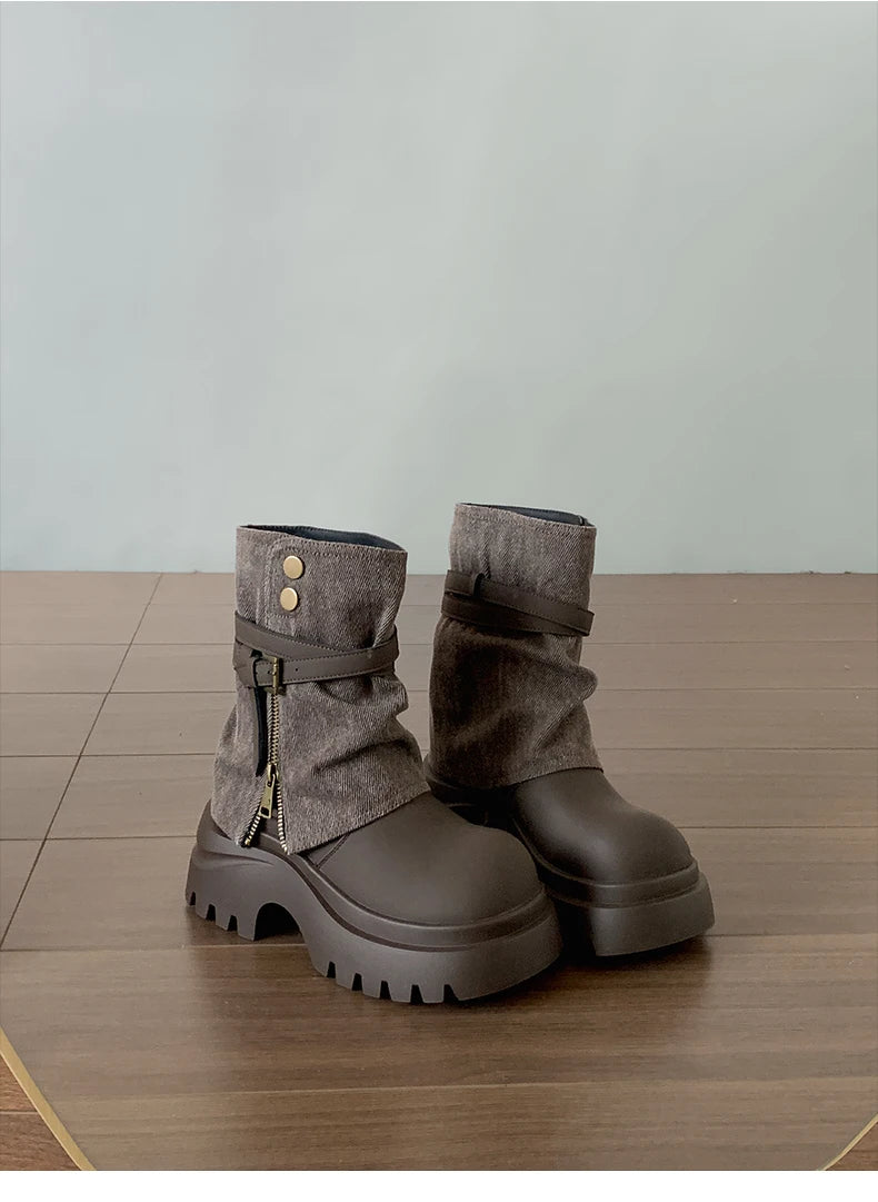 Winter Punk Style Women Pipe Ankle Boots Fashion Belt Buckle Shoes Ladies Concise Platform Heel Short Booties Zapatos De Mujer boots_platform