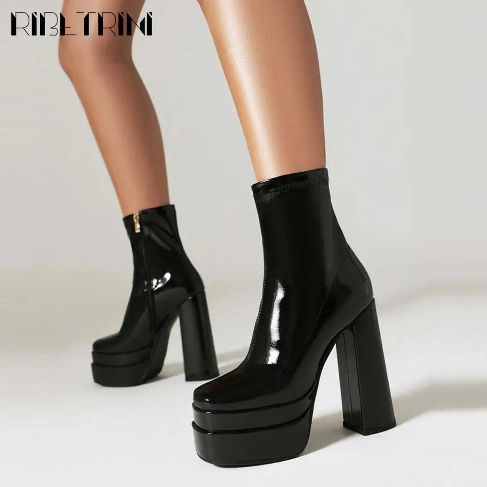 High Heeled Women Boots Square Toe Zipper Ankle Platform Shoes Cool Fashion Punk Gothic New Brand Winter Elastic Boots Woman boots_platform