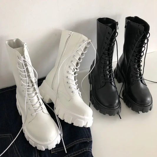 New Mid Calf Boots Women Autumn Winter Fashion Lace-up Ladies Chelsea Zipper Botas Mujer Boots Sports Platform Heel Ladies Shoes boots_platform