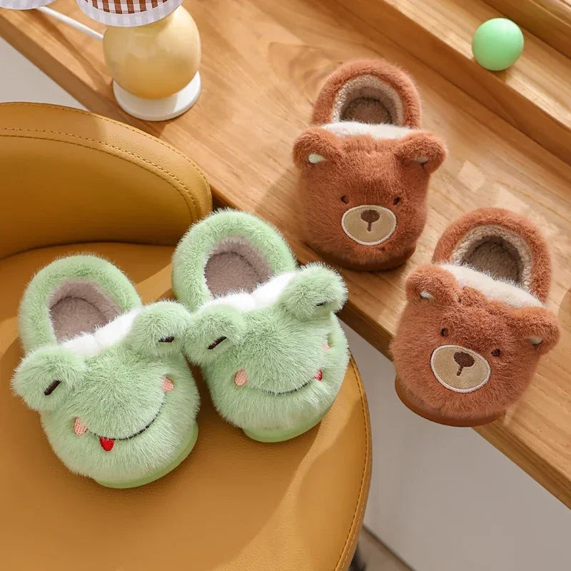New Children's Cartoon Animals Heel Wrap Plush Slippers Soft Sole Non-slip Winter Warm Baby Boys Girls Indoor Home Cotton Shoes kids_shoes