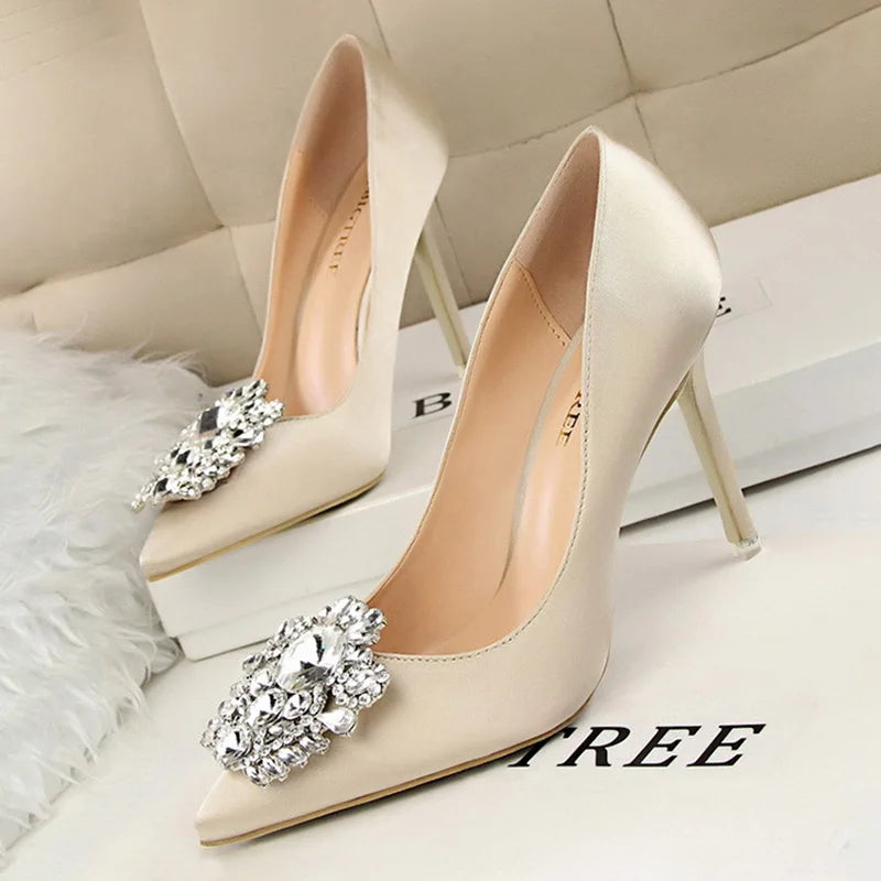 CINESSD Silver Gray Black Women Bridal Wedding Shoes Faux Silk Satin Rhinestone Crystal Shallow Woman Pumps Stiletto High Heel heels_stiletto