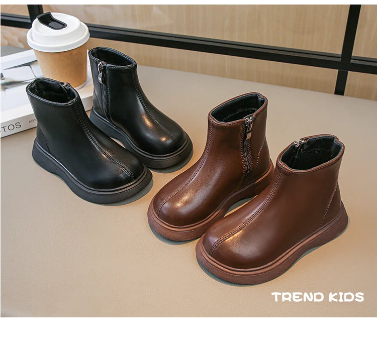 Children Fashion Boots Simple Girls Ankle Boot Black Kids Short Leather Boots Side Zipper Thick Bottom Autumn Winter 2024 New kids_shoes