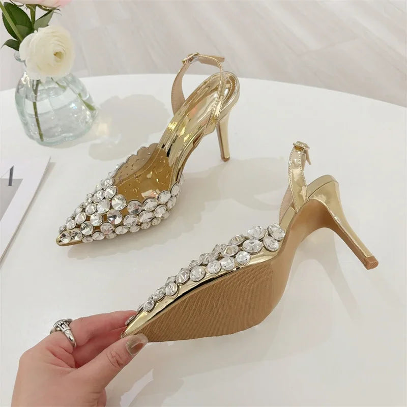 Aneikeh Fashion Stiletto Pumps Summer Silvery Rhinestone Hollow Strap High-heeled Sandals Women Wedding Banquet Shoes heels_stiletto