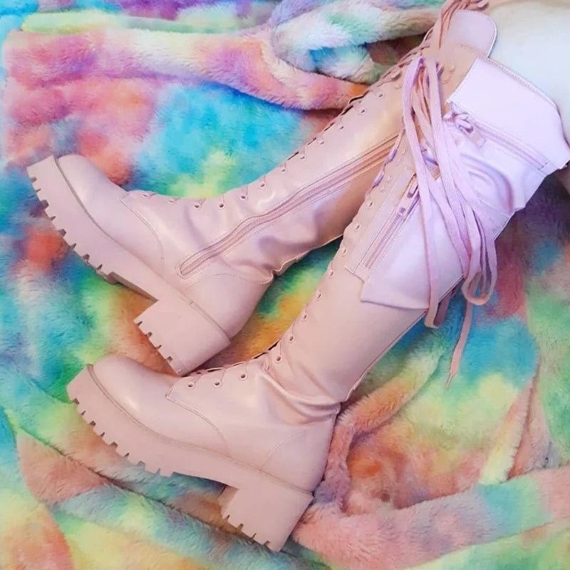 Knee High Boots Women Cool Goth Zipper Design Pocket Lace Up Chunky Heel High Quality Shoes Woman Fashion Popualr Big Size 35-43 boots_platform