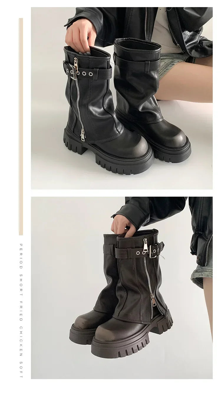Winter Women Biker Boots Fashion Belt Buckle Ladies Elegant Platform Long Pipe Booties Casual Women's Knee High Booties2025 boots_platform