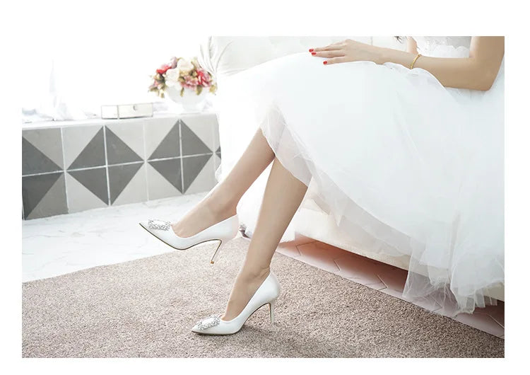 Women Rhinestone Square Buckle Dress Wedding Brides Shoes Pointed Toe Stiletto Pumps Suede High Heels Botines Mujer Con Tacon heels_stiletto