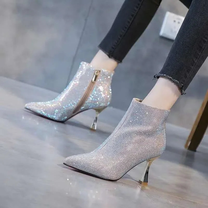2025 Fashion Women Shiny High Heel Booties Female High-Heeled Boots Young Ladies Booties Heel Cloth Boots Black Botas De Mujer boots_highheel
