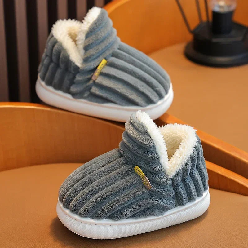 New Winter Concise Stripe Plush Slippers Children's Non-slip Soft Sole Kids Boys Girls Heel Wrap Warm High Home Cotton Shoes kids_shoes