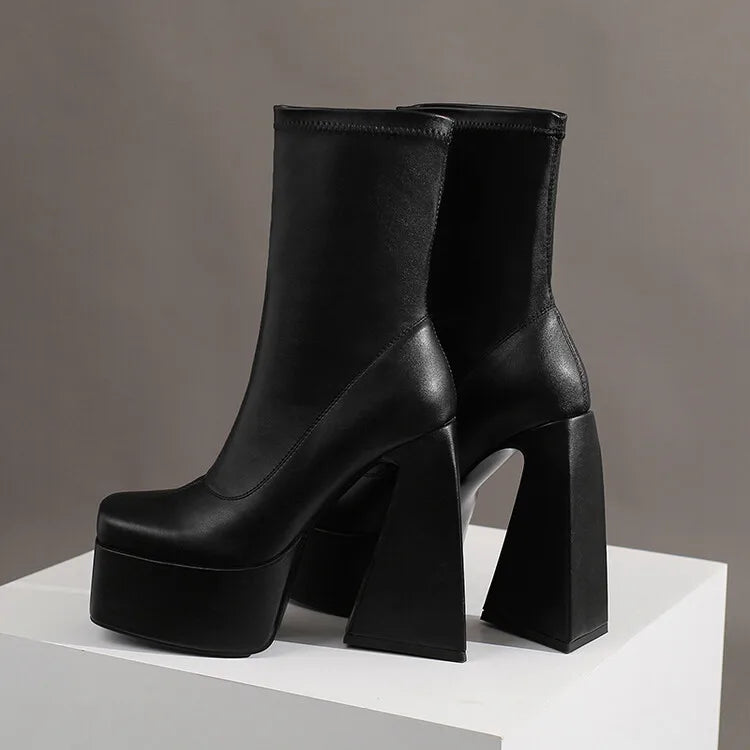 Stretch Punk Style Gothic Chunky Platform Ankle Boots for Women Autumn Winter Shoes Ladies Strange High Heels Boots Booties boots_platform