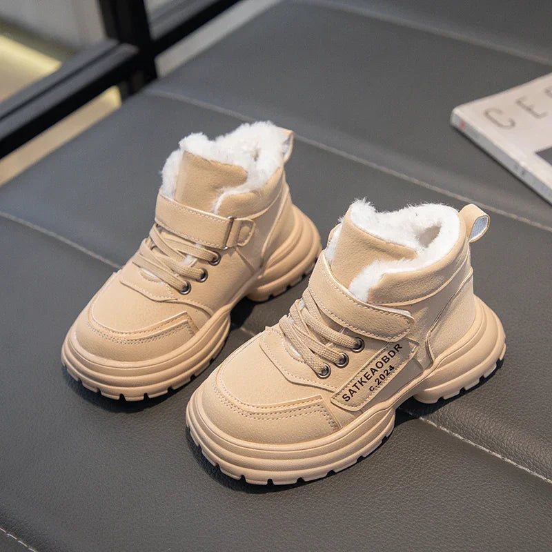 Boys Girls Sports Boots with Fur 2024 New Fashion Kids Ankle Boots Warm for Winter Sweet Students Short Boots Non-slip Soft Sole kids_shoes