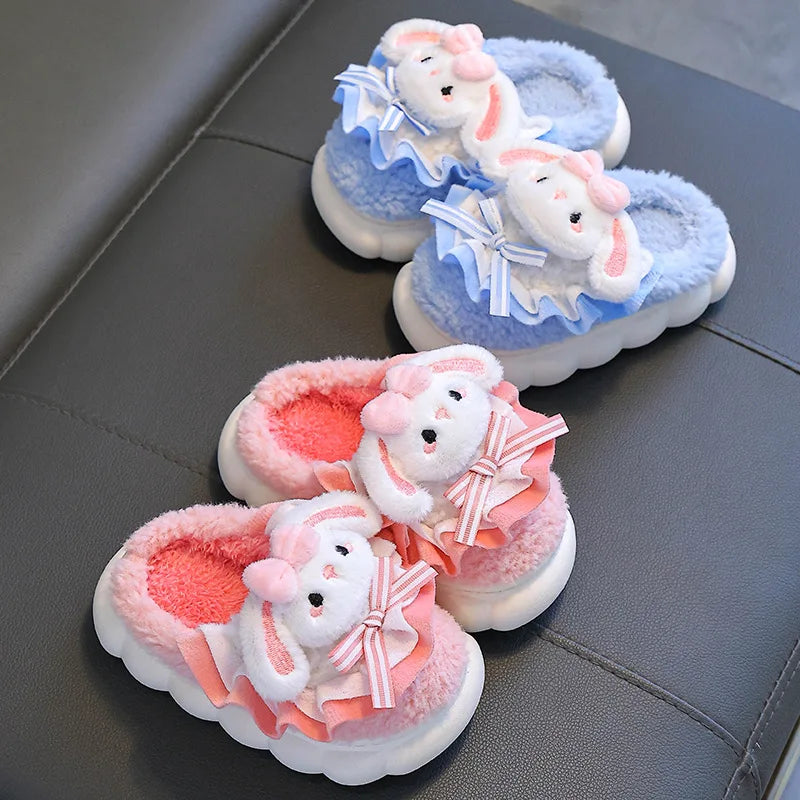 2024 New Winter Children's Cotton Slippers - Cute and Warm Fleece Rabbit Fur Baby's Home Cotton Slippers for Girls kids_shoes