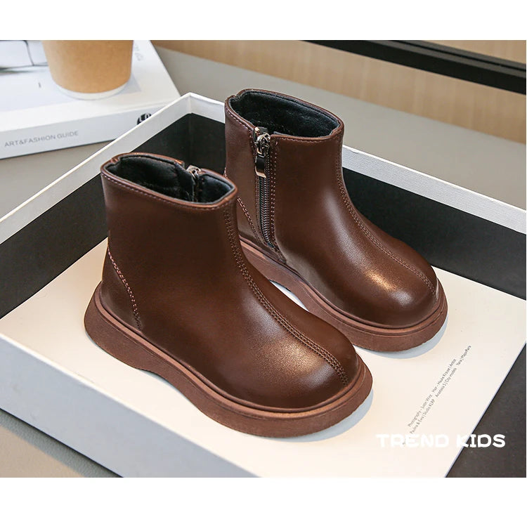 Children Fashion Boots Simple Girls Ankle Boot Black Kids Short Leather Boots Side Zipper Thick Bottom Autumn Winter 2024 New kids_shoes