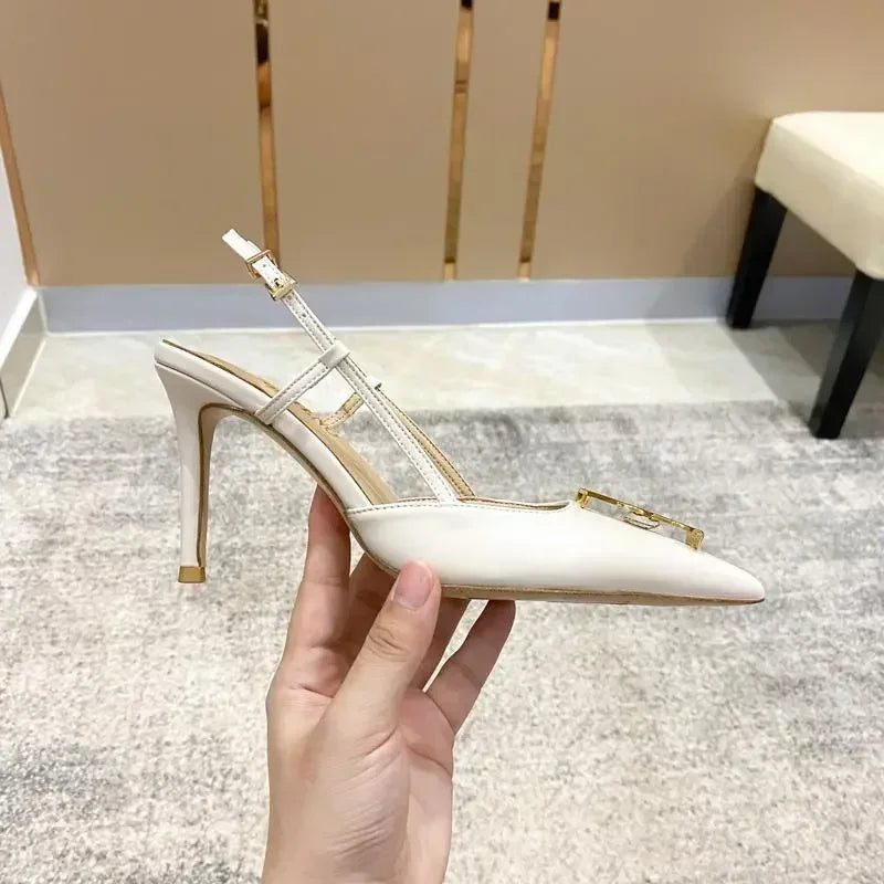 White Elegant Women's Stilettos Summer Fashion Sandals with Metal Buckle Baotou Pointed Back Design 2025 New Ladies' Shoes heels_stiletto