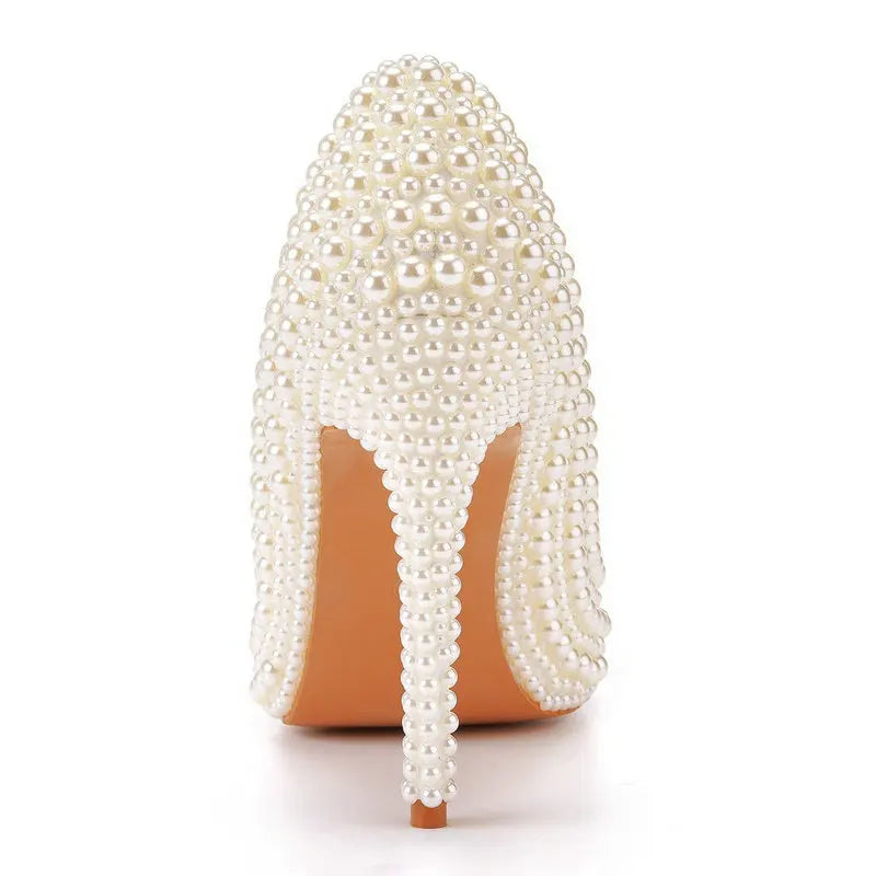 11cm Pearl Wedding Shoes Thin Heel Pointed Single Shoe Large Size Women's Shoes Bride Shoes Dinner Women's Pumps heels_bridal