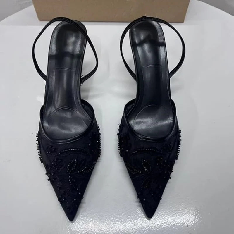 Women's Mesh Floral Embroidered Slingback High Heels Female Open Heel Pearl Studded Pointed Toe Sandals Sexy Stiletto Lady Mules heels_stiletto