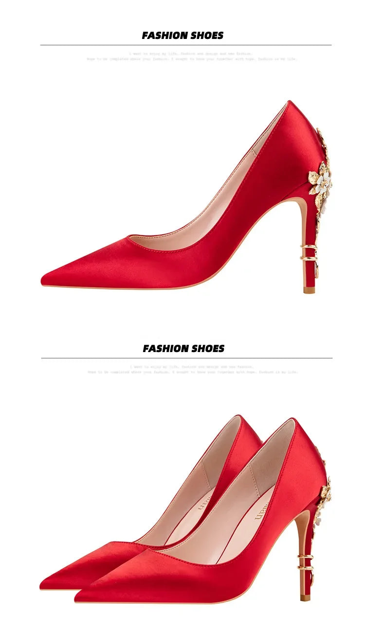 Women's Metal Flowers Stiletto High-heel Shoes Female  Light Luxury Sexy Fashion Wedding Shoes Pointed Toe Satin Single Shoes heels_stiletto