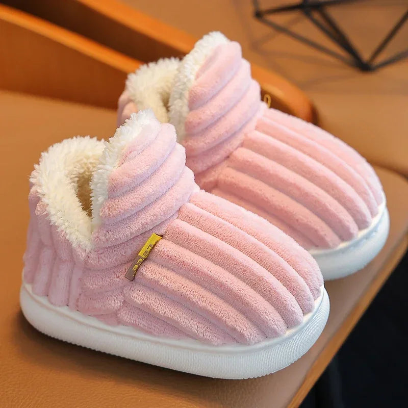 New Winter Concise Stripe Plush Slippers Children's Non-slip Soft Sole Kids Boys Girls Heel Wrap Warm High Home Cotton Shoes kids_shoes