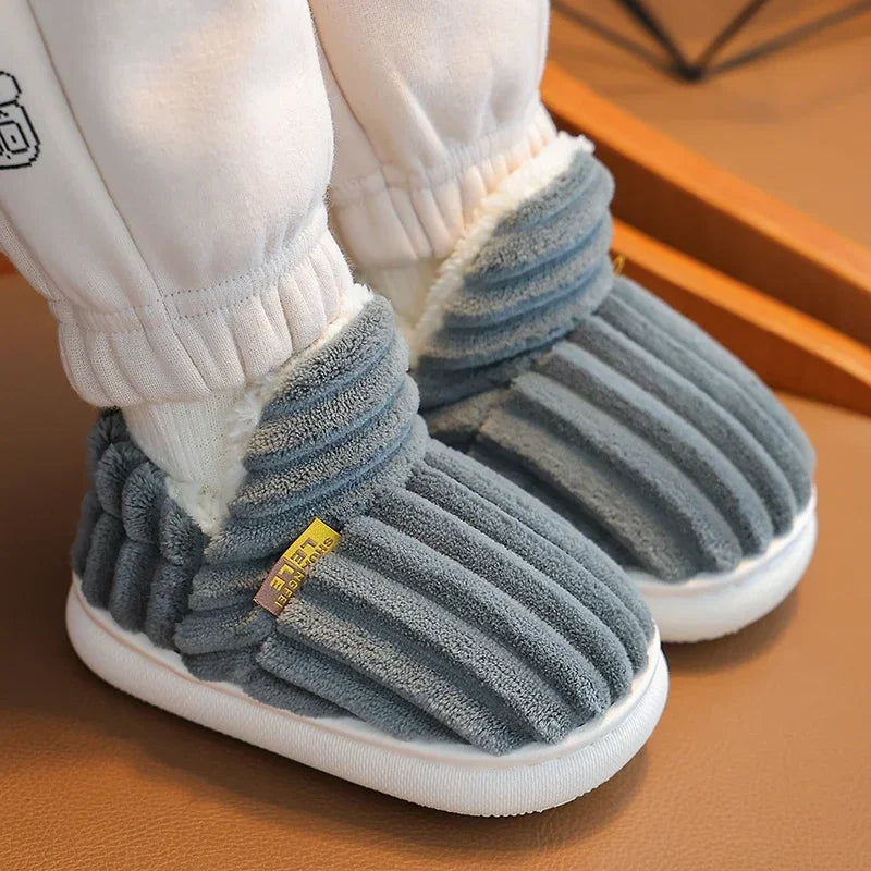 New Winter Concise Stripe Plush Slippers Children's Non-slip Soft Sole Kids Boys Girls Heel Wrap Warm High Home Cotton Shoes kids_shoes