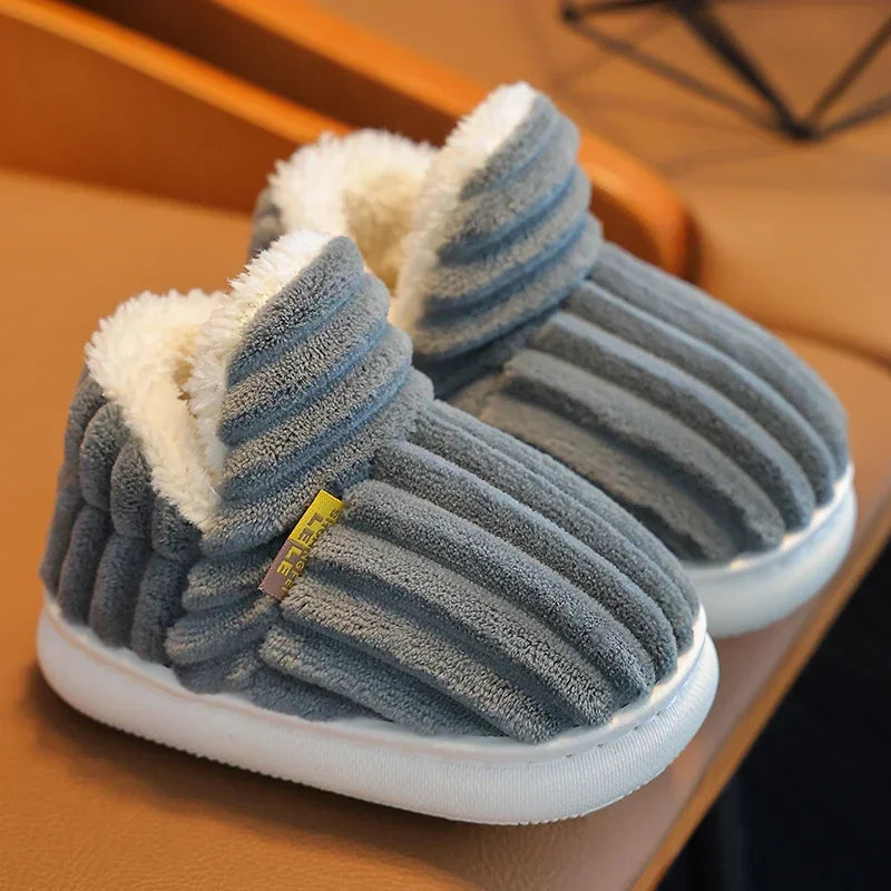 New Winter Concise Stripe Plush Slippers Children's Non-slip Soft Sole Kids Boys Girls Heel Wrap Warm High Home Cotton Shoes kids_shoes