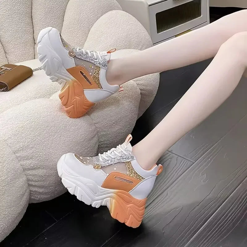 Sequin Platform Vulcanized Shoes for Women Sneakers 2024 Mesh Lace-up Women's Walking Shoes Inner Height Increasing Women Shoes sneakers_platform