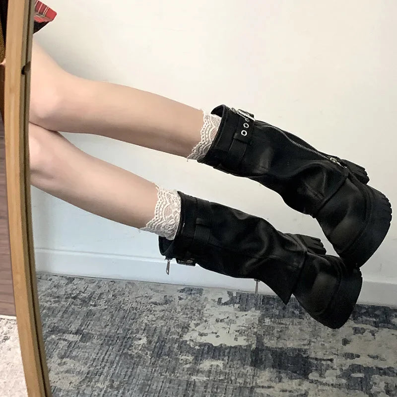 Winter Women Biker Boots Fashion Belt Buckle Ladies Elegant Platform Flats Short Booties Casual Women's Knight Booties boots_platform