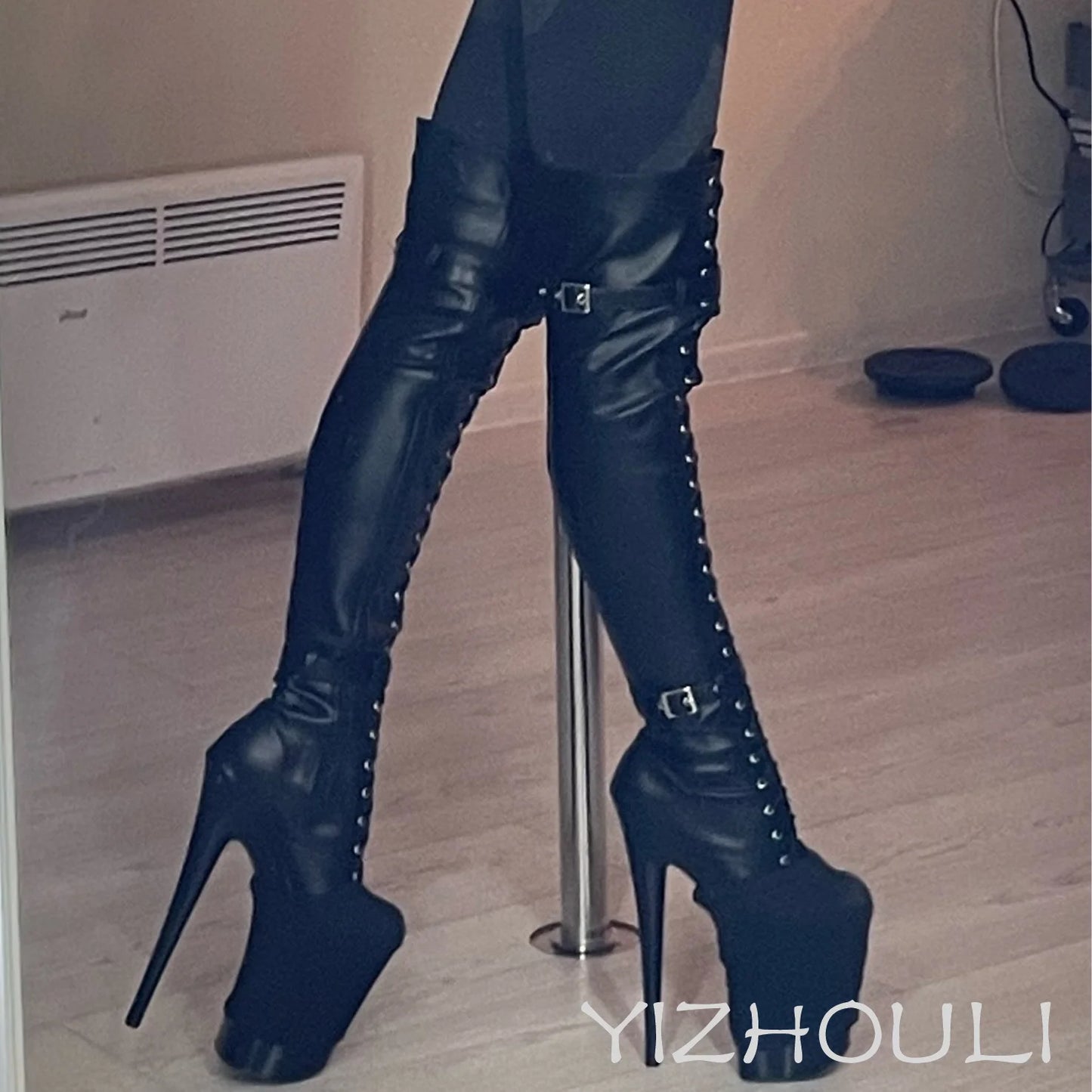 12-23cm high heels high boots, buckle boots round head dancer fashion sexy catwalk shoes to thigh high boots_platform