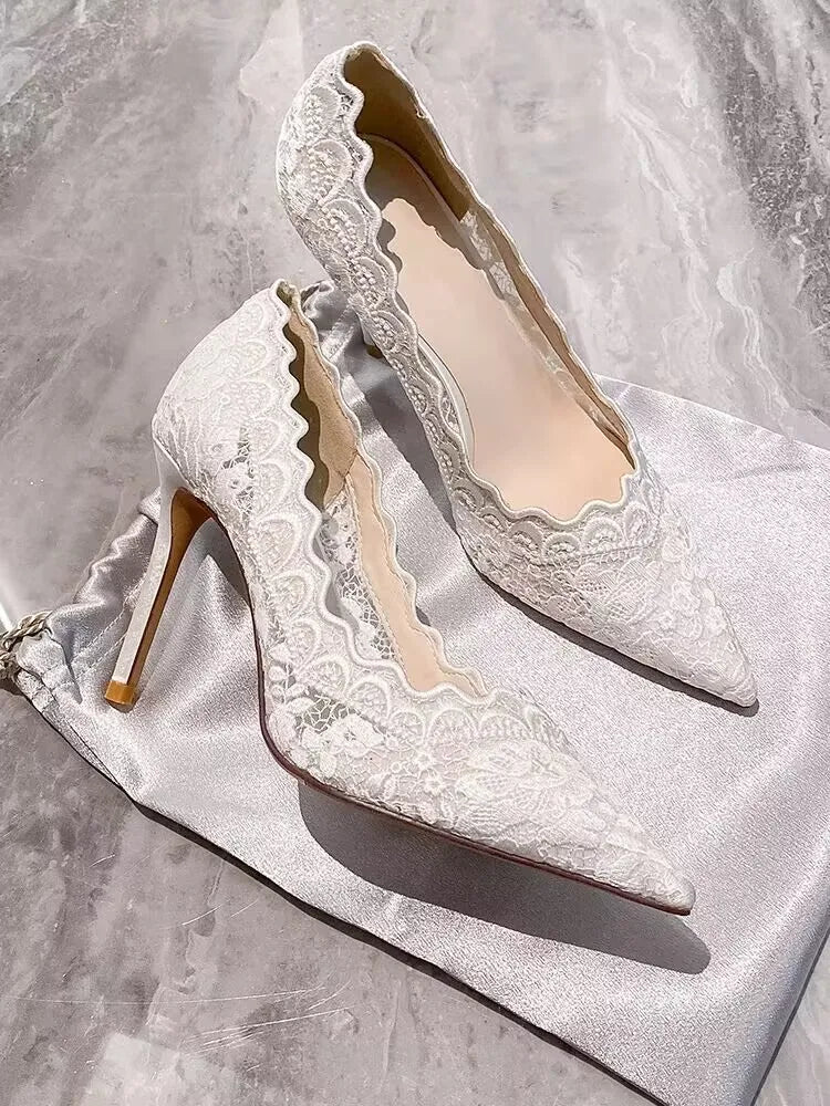 White Wedding Shoes Bridal Shoes Design Sense Niche Lace Pointed Stiletto Heel Shallow French High Heels Female Temperament heels_stiletto