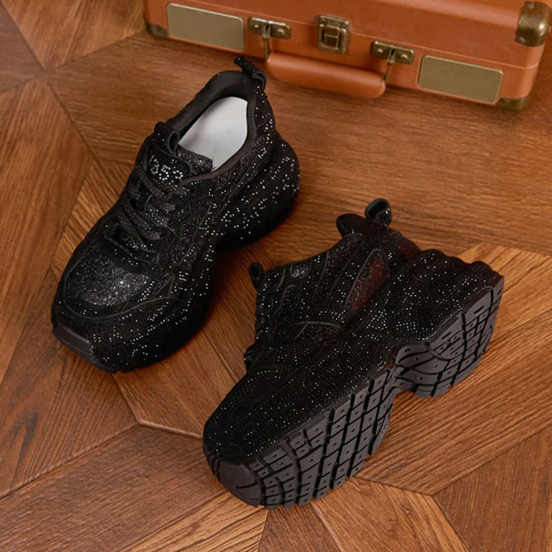 Women's Rhinestone Shoes Autumn Fashionable and Versatile Inner Height Increasing Women's Shoes Thick-soled Casual Sports Shoes sneakers_platform