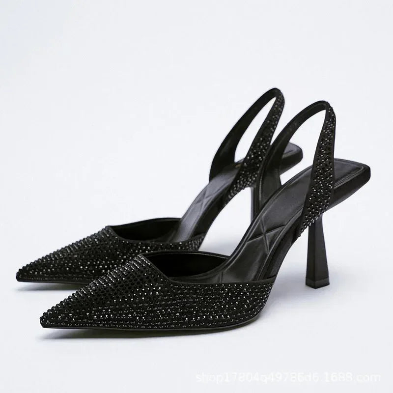 Gold Women Heels Sandals 2026 Summer Crystal Pointed Toe Female Stiletto African Party Rhinestone Shallow Slip on Heel Shoes heels_stiletto