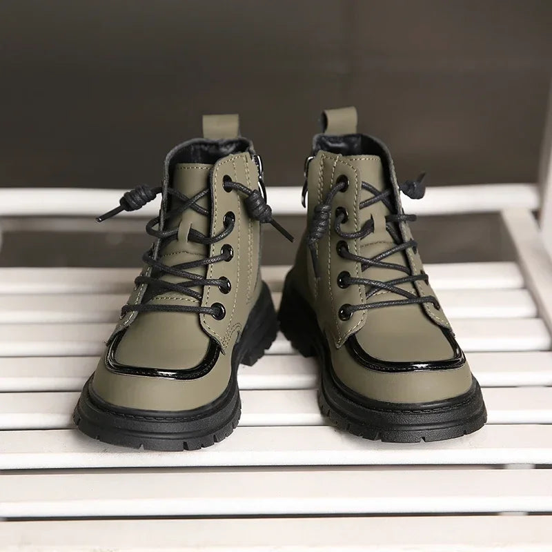 New Children Boots  soft leather Handsome Lace-up Trendy Kids Short Boot Matte PU Leather Anti-slip Unisex Boys Girls Shoes kids_shoes