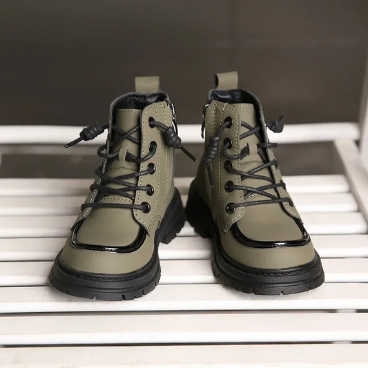 New Children Boots  soft leather Handsome Lace-up Trendy Kids Short Boot Matte PU Leather Anti-slip Unisex Boys Girls Shoes kids_shoes