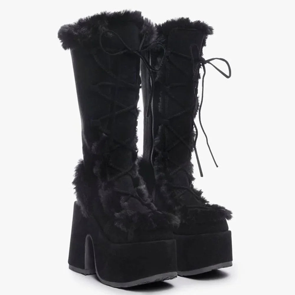 2024 Winter Big Size 43 y2k White Punk Style Women's Faux Fur Chunky Platform Boots Gothic Black Block High Heels Shoes boots_platform
