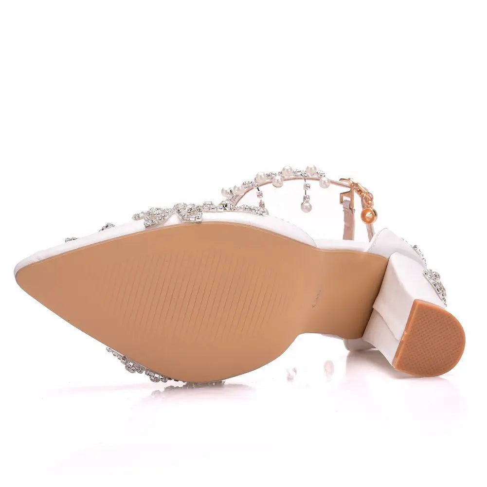 10CM White Pointed Crystal Wedding Shoes Thick Heel Ultra-high Heel Bridal Shoes One-line Buckle Strap Tassel Rhinester Women heels_stiletto