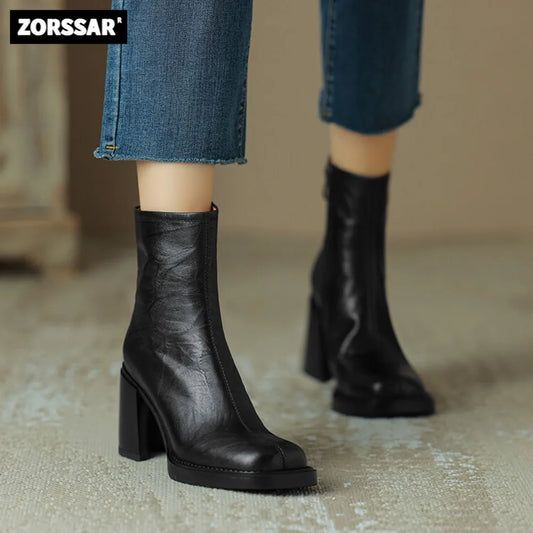 Chelsea Boots Women Ankle Boots High Heels Shoes 2024 New Female Stylish Retro Genuine Leather Short Boots Woman Winter Shoes boots_highheel