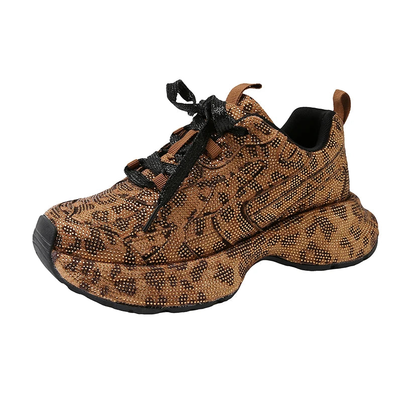 Women Sneakers Spring Lace-Up High Heel Platform Lace Up Silver Crystal Casual Working Shoes Wearing night running shoes outside sneakers_platform