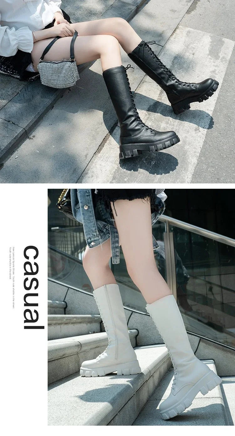 Women's Mid Calf Boots Padded Shoes Knee High Winter Sneakers Punk Style Military Casual White Black 2024 Lucury Platform Woman boots_platform