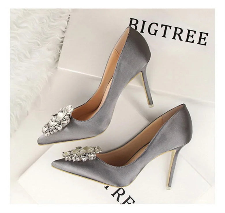 CINESSD Silver Gray Black Women Bridal Wedding Shoes Faux Silk Satin Rhinestone Crystal Shallow Woman Pumps Stiletto High Heel heels_stiletto